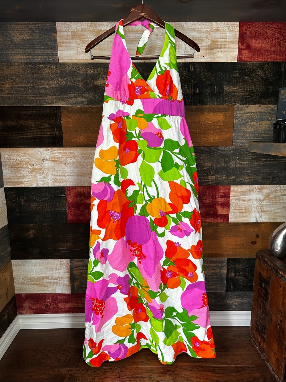 Malia honolulu Floral Halter Maxi Dress Pink, Orange & Green Hawaiian vintage 10